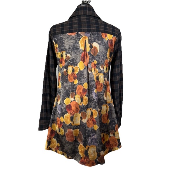 Shana Tops - Shana Top Womens XS Brown Plaid Colorful Tunic Floral Art to Wear Artsy Boho
